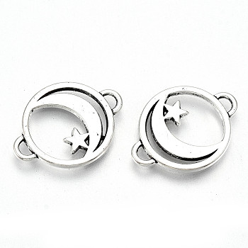 Tibetan Style Alloy Links Connector, Lead Free & Cadmium Free, Flat Round with Moon & Star, Antique Silver, 15.5x20.5x1mm, Hole: 2x1mm, about 500pcs/500g