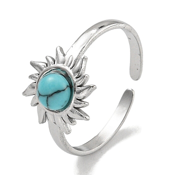 304 Stainless Steel Synthetic Turquoise Cuff Rings, Sun Open Rings for Women, Stainless Steel Color, Adjustable