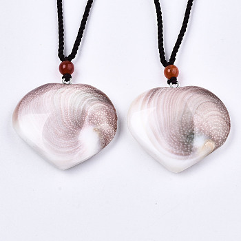 Natural Shell Fossil Pendant Necklaces, Slider Necklaces, with Random Color Polyester Cords, Heart, 26~29.9 inch(66~76cm)