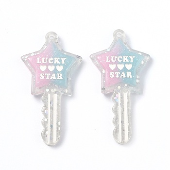 Two Tone Resin Big Pendants, Glitter Powder, Star Key with Word LUCKY & STAR & Heart Pattern, Pink, 58x31x6mm, Hole: 2.3mm