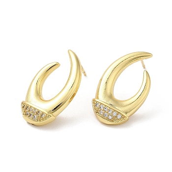 Rack Plating Brass Horn Stud Earrings with Cubic Zirconia, Lead Free & Cadmium Free, Real 18K Gold Plated, 22x13mm