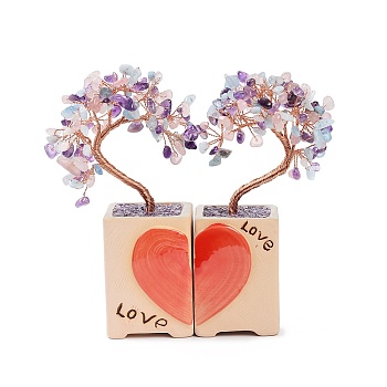 Heart Money Tree Natural Gemstone Bonsai Display Decorations, for Home Office Decor Good Luck, 52x48.5x160mm