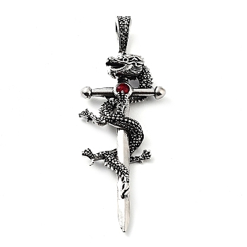 Tibetan Style Alloy Big Pendants, with Rhinestone, Sword with Dragon Charms, Antique Silver, 66x24.5x6.5mm, Hole: 8.5x5mm