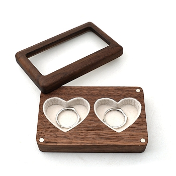 Rectangle Wood Wedding Couple Ring Storage Boxes with Visible Magnetic Cover, Velvet 2 Heart Shaped Slots Wooden Ring Case for Valentine's Day, White, 9.2x5.7x1.8cm