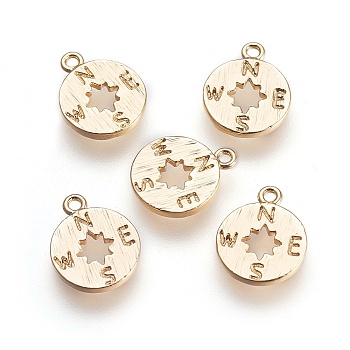 Brass Charms, Compass, Nickel Free, Real 18K Gold Plated, 12x10x1mm, Hole: 1mm