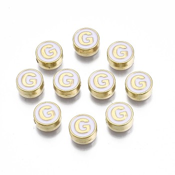 Alloy Enamel Beads, Cadmium Free & Lead Free, Light Gold, Flat Round with Alphabet, White, Letter.G, 8x4mm, Hole: 1.5mm