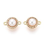 Brass Micro Pave Clear Cubic Zirconia and ABS Imitation Pearl Beads Connector Charms, Flat Round Links, White, Real 18K Gold Plated, 12.5x9x5.5mm, Hole: 1~1.2mm(KK-N287-27G)