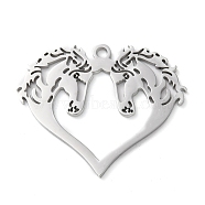 304 Stainless Steel Pendants, Heart with Horse Charms, Stainless Steel Color, 29x35x1.5mm, Hole: 2mm(STAS-R116-10P)