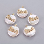 Natural Cultured Freshwater Pearl Pendants, with Brass Micro Pave Cubic Zirconia Cabochons, Nuggets with Word Love, Clear, Golden, 14~28x12~22x5~12mm, Hole: 1.2mm(PEAR-J004-10G)
