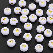 Plating Acrylic Beads, Metal Enlaced, Flat Round with Heart, Golden Plated, 6.5~7x3.7mm, Hole: 1.8mm, about 3650pcs/500g(PACR-R242-01)