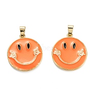 Brass Enamel Pendants, Real 18K Gold Plated, Long-Lasting Plated, Flat Round with Smiling Face, Dark Orange, 27x24.5x2.5mm, Hole: 5x3.5mm(KK-M220-02G-C)