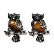 Natural Tiger Eye Pendants, Antique Silver Plated Owl Charms with Blak Glass, 45x33.5x19mm, Hole: 8x9.5mm(X-G-H308-01AS-01)