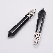Natural Obsidian Big Pointed Pendants, with Alloy Findings, Bullet, Platinum, 57~63x13x10mm, Hole: 3x4mm(G-D860-C33-P)
