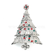 Christmas Theme Alloy Colorful Rhinestone Brooches, for Backpack Clothes, Christmas Tree, Platinum, 57x40mm(JEWB-S022-02D-P)