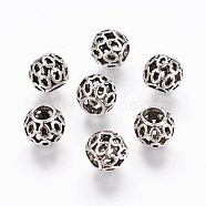 Tibetan Style Alloy European Beads, Round, Hollow, Large Hole Beads, Antique Silver, 10x9mm, Hole: 4.5mm(PALLOY-P144-11AS)
