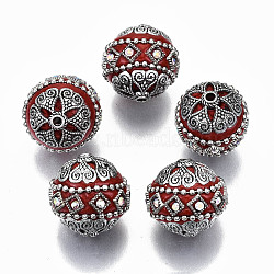 Handmade Indonesia Beads, with Crystal AB Rhinestone and Antique Silver Tone Brass Findings, Round, Dark Red, 20~21x19~20mm, Hole: 1.8mm(IPDL-N003-002)