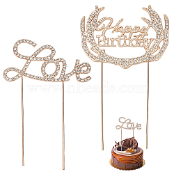 CRASPIRE 2Pcs 2 Styles Alloy & Rhinestone Cake Toppers, for DIY Cake Decoration, Word Love & Happy Birthday, Light Gold, 134~154x94x3mm, 1pc/style(AJEW-CP0001-44KCG)