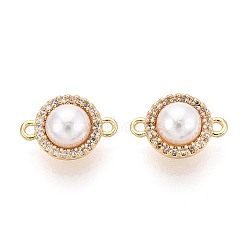 Brass Micro Pave Clear Cubic Zirconia and ABS Imitation Pearl Beads Connector Charms, Flat Round Links, White, Real 18K Gold Plated, 12.5x9x5.5mm, Hole: 1~1.2mm(KK-N287-27G)