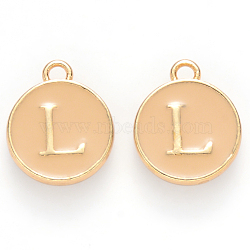 Golden Plated Alloy Enamel Charms, Cadmium Free & Lead Free, Enamelled Sequins, Flat Round with Letter, Wheat, Letter.L, 14x12x2mm, Hole: 1.5mm(X-ENAM-S118-06L)