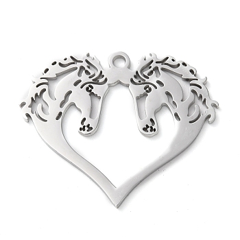 304 Stainless Steel Pendants, Heart with Horse Charms, Stainless Steel Color, 29x35x1.5mm, Hole: 2mm