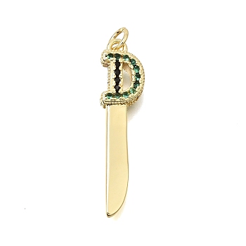 Brass Micro Pave Green Cubic Zirconia Pendants, Knife with Letter D Charms, Rack Plating, Long-Lasting Plated, Cadmium Free & Lead Free, Real 18K Gold Plated, 32.5x27.5x3.5mm, Hole: 3.5mm