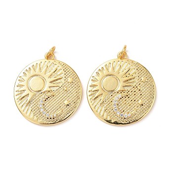 Brass Micro Pave Cubic Zirconia Pendants, Long-Lasting, Flat Round with Sun & Moon & Star, Real 18K Gold Plated, 26.5x24x2.5mm, Hole: 3mm, Jump Ring: 5x0.8mm