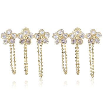 Flower Alloy Zirconia Stud Earrings, Tassel Chain Earring for Women, Golden, 27.9x25.4mm