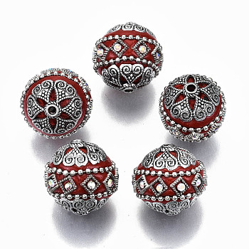 Handmade Indonesia Beads, with Crystal AB Rhinestone and Antique Silver Tone Brass Findings, Round, Dark Red, 20~21x19~20mm, Hole: 1.8mm