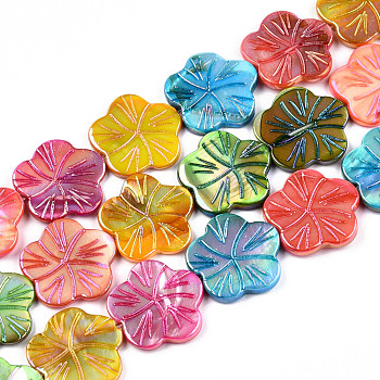 Natural Freshwater Shell Beads Strands, Dyed, AB Color, Flower, Colorful, 19~19.5x19.5~20x2~3mm, Hole: 0.7mm, about 20pcs/strand, 14.96 inch(38cm)