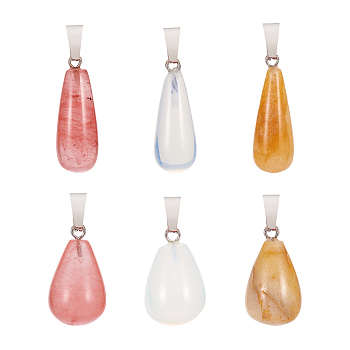 12Pcs 6 Style Natural & Synthetic Gemstone Pendants, with Stainless Steel Findings, Teardrop, 21~30x10~14mm, Hole: 2~6x4~7mm, 2pcs/style