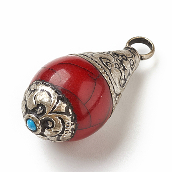 Tibetan Style Pendants, with Synthetic Turquoise, Synthetic Coral, Imitation Beeswax and Brass Findings, teardrop, Dark Red, 32~34x14~15.5mm, Hole: 4mm
