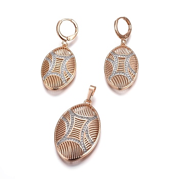 Brass Micro Pave Cubic Zirconia Jewelry Sets, Pendant and Earrings, Long-Lasting Plated, Oval, Light Gold, 41mm, Hole: 4x6mm, 40mm, Pin: 0.9mm