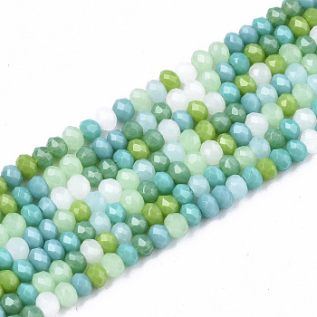 Opaque Glass Beads Strands, Imitation Jade Glass, Faceted Rondelle, Light Green, 3x2mm, Hole: 0.8mm, about 186~193pcs/strand, 17.13 inch~17.32 inch, (43.5cm~44cm)