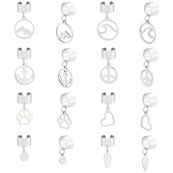 8 Pairs 8 Styles 304 Stainless Steel Cuff Earings, with Charms, Peace Sign & Heart & Similing Face, Stainless Steel Color, 19~28mm, 1 pair/style