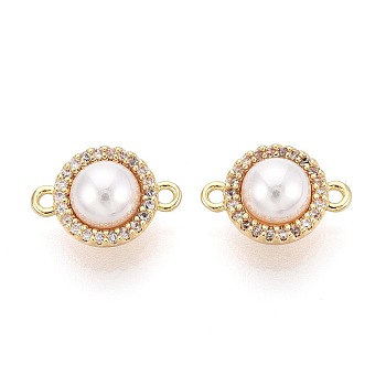 Brass Micro Pave Clear Cubic Zirconia and ABS Imitation Pearl Beads Connector Charms, Flat Round Links, White, Real 18K Gold Plated, 12.5x9x5.5mm, Hole: 1~1.2mm