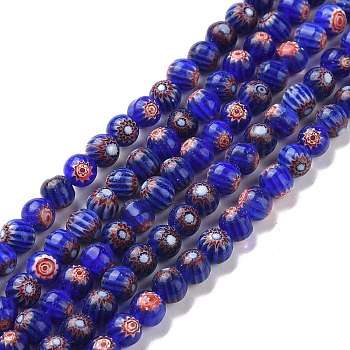 Faceted Millefiori Glass Round Beads Strands, Dark Blue, 6mm, Hole: 1mm, about 64pcs/strand, 14.1 inch