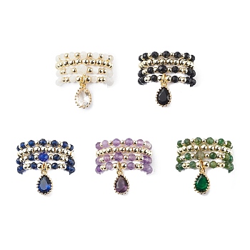 20Pcs 20 Style Natural & Synthetic Mixed Gemstone & Brass Beaded Stretch Rings Set, Cubic Zirconia Teardrop Charms Stackable Rings for Women, US Size 9~9 3/4(19~19.6mm), 1Pc/style