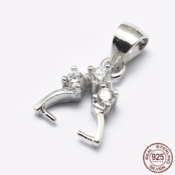 Rhodium Plated 925 Sterling Silver Micro Pave Cubic Zirconia Pendant Bails, Ice Pick & Pinch Bails, Platinum, 12x10x4mm, Hole: 4x6mm, pin: 0.6mm