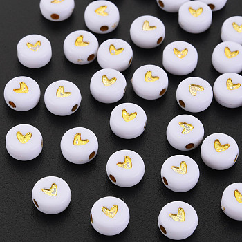 Plating Acrylic Beads, Metal Enlaced, Flat Round with Heart, Golden Plated, 6.5~7x3.7mm, Hole: 1.8mm, about 3650pcs/500g