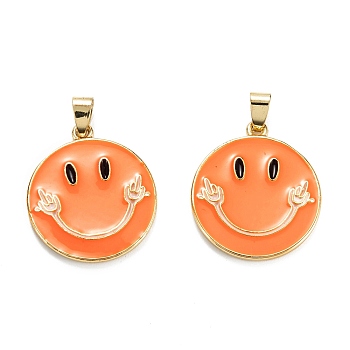 Brass Enamel Pendants, Real 18K Gold Plated, Long-Lasting Plated, Flat Round with Smiling Face, Dark Orange, 27x24.5x2.5mm, Hole: 5x3.5mm