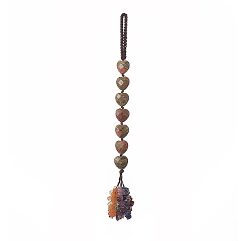 Heart Natural Unakite & Mixed Stone Chips Tassel Pendant Decorations, Nylon Thread Hanging Ornament, 215~220mm