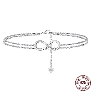 Rhodium Plated 925 Sterling Silver Double Layered Cable Chain Anklet, Infinity Cubic Zirconia Links Anklet for Women, with S925 Stamp, Real Platinum Plated, 7-7/8 inch(20cm)