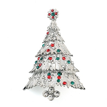 Christmas Theme Alloy Colorful Rhinestone Brooches, for Backpack Clothes, Christmas Tree, Platinum, 57x40mm