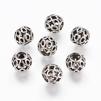 Tibetan Style Alloy European Beads, Round, Hollow, Large Hole Beads, Antique Silver, 10x9mm, Hole: 4.5mm