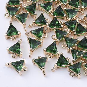 Transparent Glass Links connectors, with Brass Findings, Faceted, Triangle, Light Gold, Sea Green, 11x8x5mm, Hole: 1mm