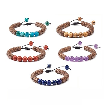 Adjustable Braided Bead Bracelets, with Natural Gemstone Beads and Coconut Beads, Inner Diameter: 2~3 inch(5~7cm)