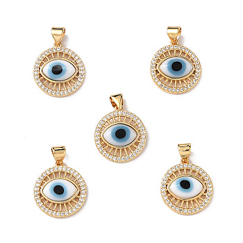 Lampwork Evil Eye Pendants with Clear Cubic Zirconia, Real 18K Gold Plated Brass Findings, Lead Free & Cadmium free, White, 18x16x4mm, Hole: 3x3.5mm