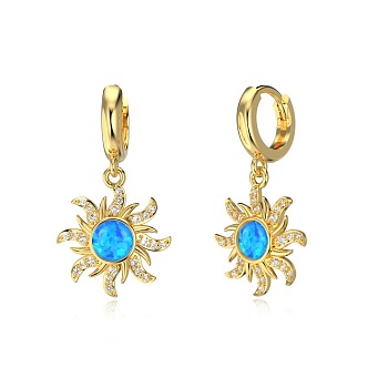 Sun 925 Sterling Silver Micro Pave Cubic Zirconia Dangle Hoop Earrings, with Synthetic Opal, Real 18K Gold Plated, 27.5x14.5mm