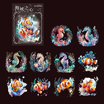 10Pcs Ocean Theme Waterproof PET Decorative Sticker Labels, Self-adhesive Sea Animal Decals, for DIY Scrapbooking, Sea Horse, 60x60mm