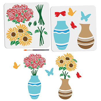 US 1 Set PET Hollow Out Drawing Painting Stencils, for DIY Scrapbook, Photo Album, with 1Pc Art Paint Brushes, Vase, 300x300mm, 2pcs/set